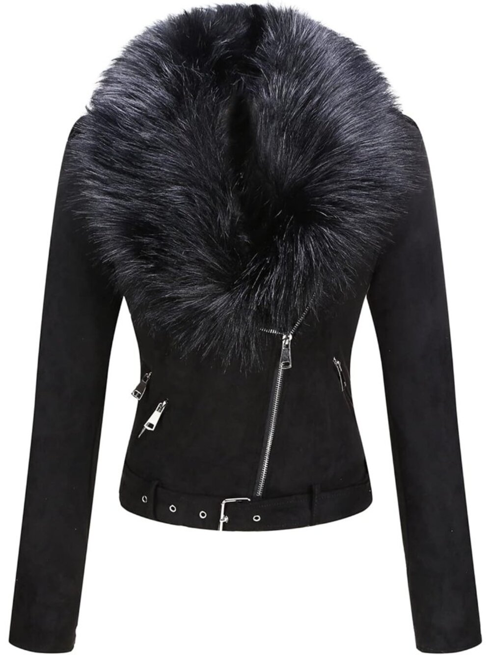 〽️Women's Black Faux Suede Sherpa Moto Coat Faux Fur Collar Belted Jacket
